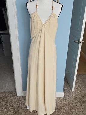 Japna Cream Halter Strapy Open Back Maxi Dress with Wooden Bead Straps Linen L